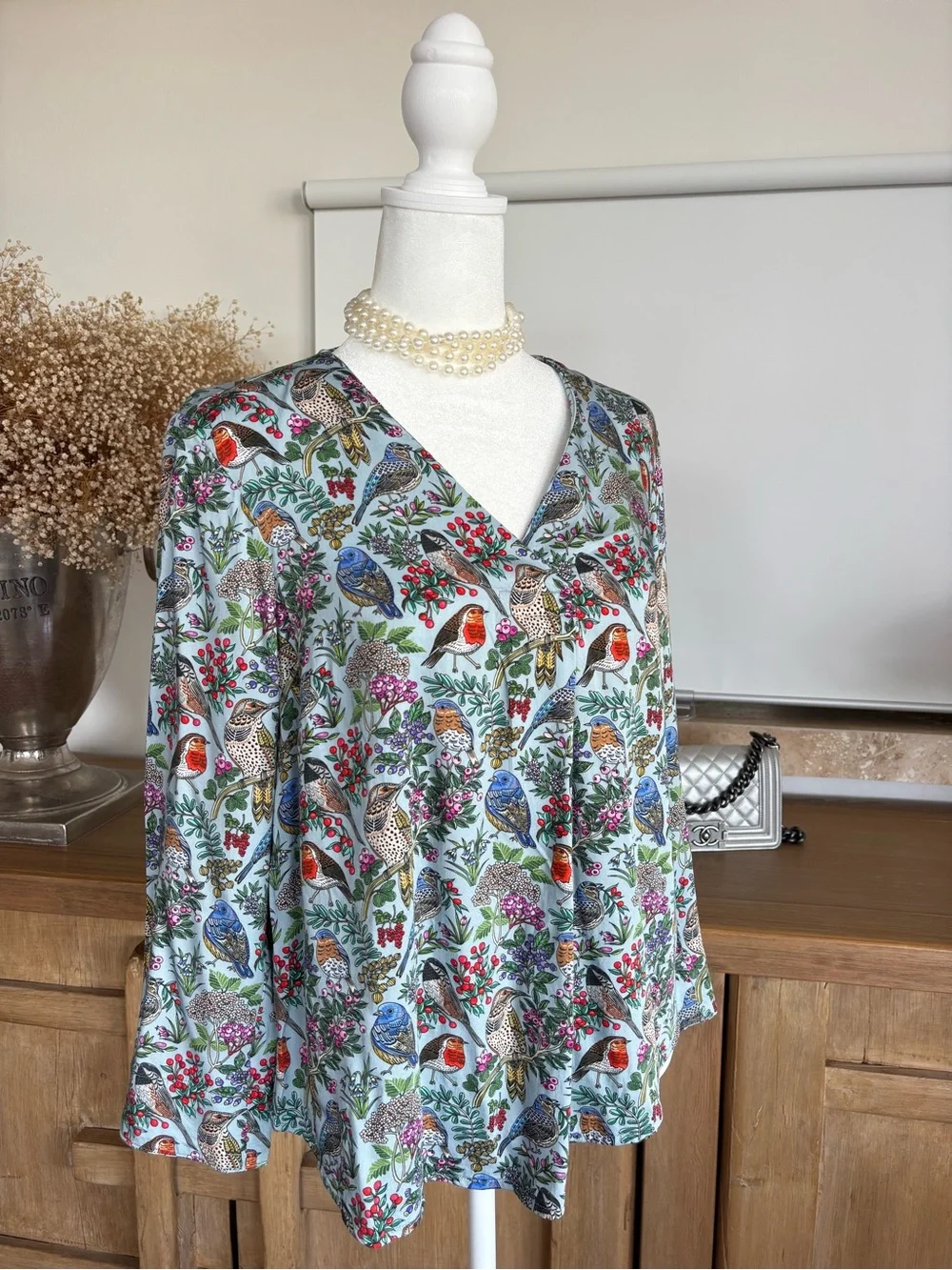 J.Jill S Bird Botanical Print Top Blouse 3/4 Sleeve EcoVero Viscose Old Money - Picture 3 of 13